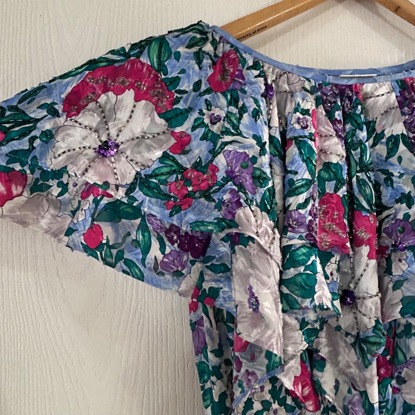 Vintage Diane Freis Georgette Maxi Dress Smocked Waist floral ruffle Beaded Item image 2