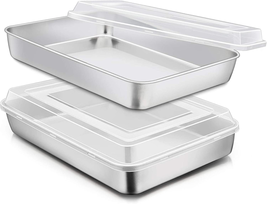 E-Far Stainless Steel Baking Pan with Lid, 12⅓ X 9¾ X 2 Inch Rectangle Sheet Cak - £26.27 GBP