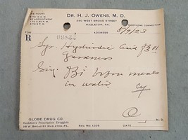 1923 antique DRUGGIST PRESCRIPTION hazleton pa DR. H J OWENS - £22.53 GBP