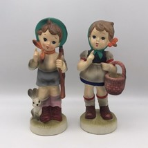Vintage Hummel Style Boy and Girl Figurines Figure Rabbit Flower Basket Bisque - £9.55 GBP