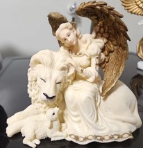 Vintage Resin Laying Lion, Lamb &amp; Angel Figurine, Cream And Gold  - $9.89
