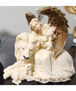 Vintage Resin Laying Lion, Lamb &amp; Angel Figurine, Cream And Gold  - £7.81 GBP