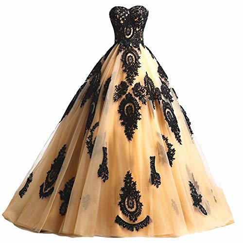 Custom Made Long Ball Gown Black Lace Gothic Formal Evening Prom Dresses Gold