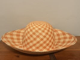 Vintage 100% Natural Straw Handwoven Ecuador Fedora Sun Hat Orange Plaid... - $20.79
