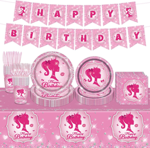 Birthday Party Supplies Pink Girl Party Tableware 98PCS Pink Girl Set Pi... - $35.36