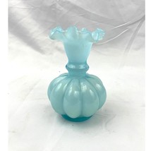 VTG Fenton Soft Blue Overlay Glass Melon Vase With Ruffled Rim MCM 4.75" Tall - $23.39