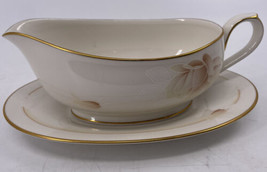 Noritake Devotion Gravy Boat Removable Underplate Taupe Rose Peach White Leaves  - £70.39 GBP
