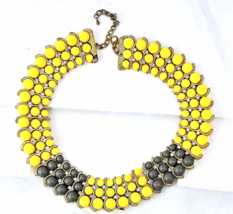 Multi Strand Beaded Collar Necklace Yellow Gray with Crystal/Rhinestones - £15.71 GBP