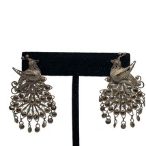 Vintage Peacock Design Filigree Clip On Earrings Elegant Silver Statemen... - $19.65