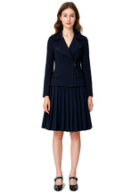 Kate Middleton Inspired Navy Zip-up Moto Jacket &amp; Knife-pleated Short Sk... - $144.99