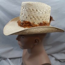 VTG Resistol Stagecoach Straw Cowboy Hat Self Conforming 6 7/8&quot; Western Feathers - £36.16 GBP