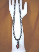 (v323-52) 21&quot; long black gray Jasper + Onyx gemstone beaded Calla Lily Necklace - $57.02