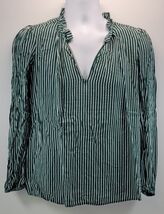 MM) GAP Woman Green White Striped Ruffle Long Sleeve V-Neck Blouse Medium - $9.89
