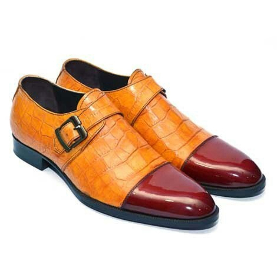 Handmade two Tone Shoes, Tan Alligator Texture Shoe, Men's Burgundy Cap toe Shoe