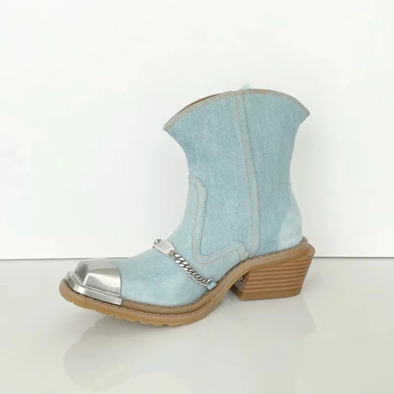 New Ladies Retro Denim  Short Boot Fashion   Western Female  Heels Boots Vintage - £103.89 GBP