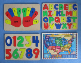 4 VINTAGE BATTAT WOODEN CHILDREN&#39;S LEARNING PUZZLES WITH WOODEN STORAGE ... - $49.95