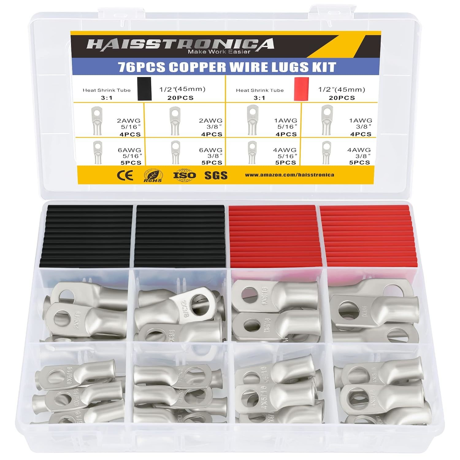 Haisstronica 76Pcs Tinned Copper Wire Lugs Kit,Heavy Duty Battery Cable ... - $35.96