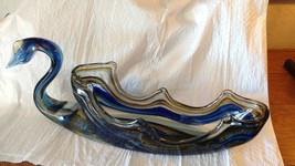 Glass Swan Vintage Hand Blown Blue Murano Large Unique Oblong Serving Dish - £135.56 GBP
