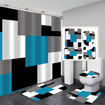 Yizheer Geometric Blue Shower Curtain Sets with Non-Slip Rugs,Toilet Lid Cover a - £26.21 GBP