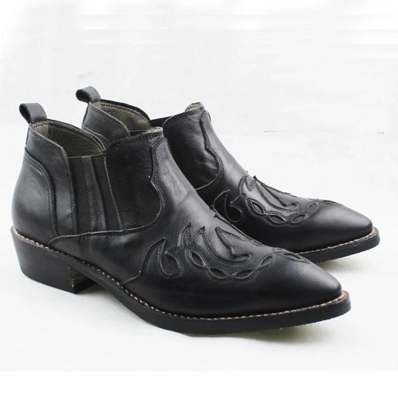  Short Boots Men Pointed Black Western boy Boots Men hide Leather Work B... - $399.59