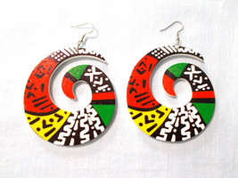 Rasta Spiral Red Yellow Green Black White Wooden Earrings 3.5&quot; Drop - £3.97 GBP