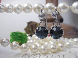 Dark Sapphire Blue Dangle &amp; Drop Earrings w/ Swarovski Crystals / Art Deco Monta - £23.98 GBP