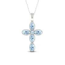 Natural Aquamarine and Diamond Cross Necklace in 10K White Gold - £127.86 GBP