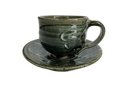 artisan handmade Green pottery cup saucer tea coffee set - £22.83 GBP