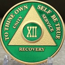 12 Year AA Medallion Green Gold Plated Alcoholics Anonymous Sobriety Chi... - £15.32 GBP