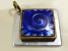  Silver color metal Large Square Cobalt Blue Enameled Ceramic Pendant Sl... - £18.68 GBP