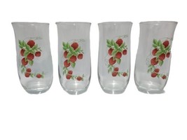 Raspberries Glass Set Of 4 Crystal Clear Ind. Hand Painted Raspberry Vines 6&quot; - £13.61 GBP