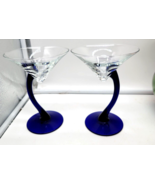 2 Libbey Blown Glass Floating Martini Glasses Cobalt Blue Stem Abstract ... - $25.98 CAD