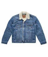 Levis Premium Red Tab Mens M Blue Wash Denim Jean Sherpa Lined Trucker J... - $70.49