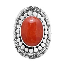 Large Southwestern Statement Oval Synthetic Coral Sterling Silver Ring-9 - £23.81 GBP