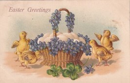 Easter Greetings Chicks with Basket of Purple Flowers Clover Postcard D38 - £2.36 GBP