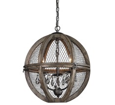 Orb Chandelier French Farmhouse Crystals Restoration Wood &amp; Wire Globe - £583.07 GBP