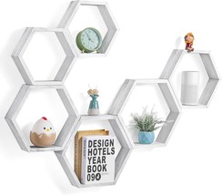 Hexagon Floating Shelves Wall Mounted Set Of 6 Honeycomb Shelves Wood, White - £40.68 GBP