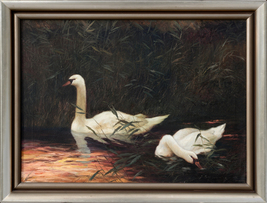 Pair of Snow White Swans at Sunset mid 20th century Vintage Oil Painting Signed - £353.42 GBP
