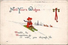 New Years Wishes Adorable Child Sledding Bergman 1913 Concord NH Postcard V5 - £5.38 GBP