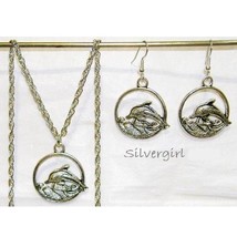 Tibetan Silver Dolphin Hoop Necklace Earrings Set - $349.95 MXN