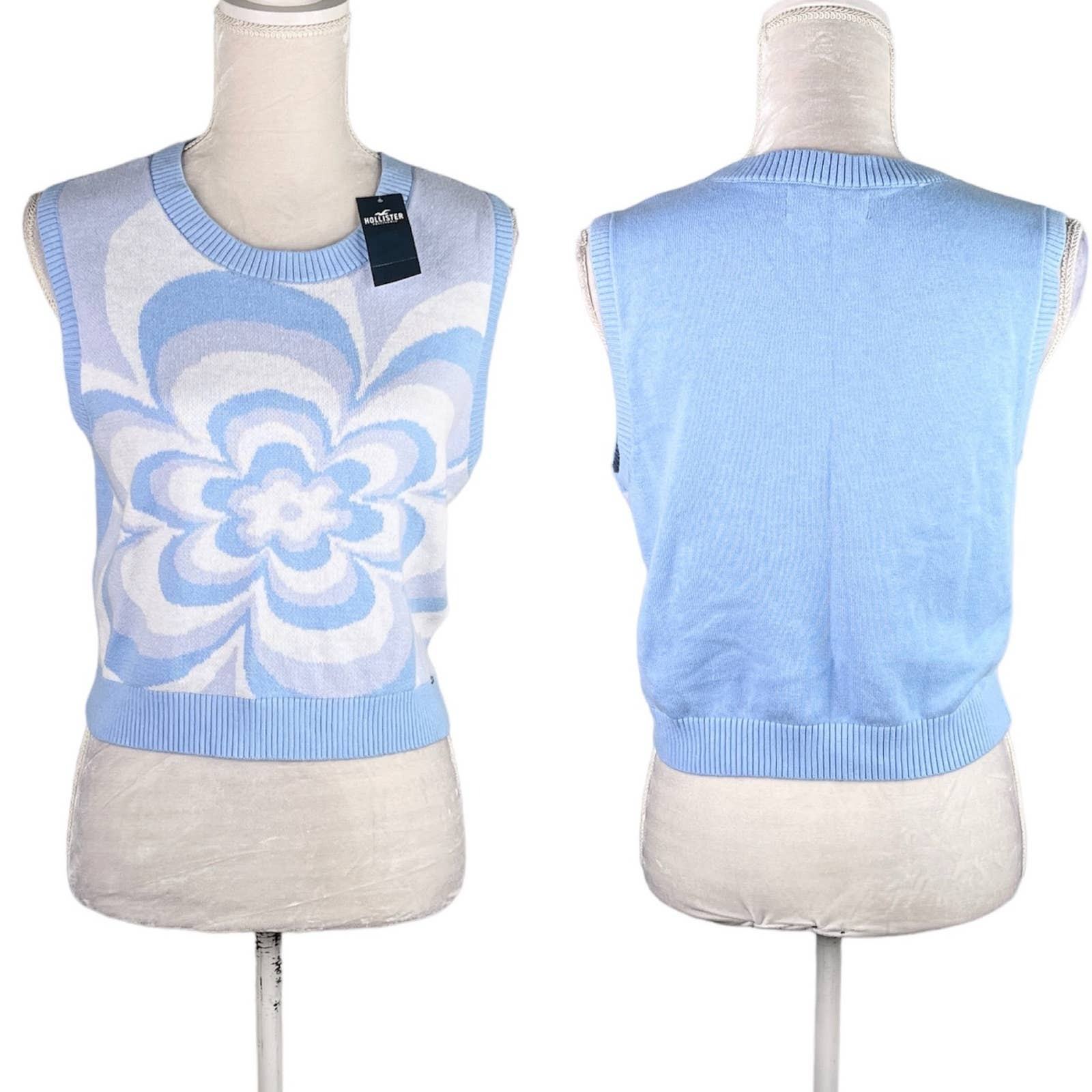 Primary image for Hollister Sweater Vest Large Baby Blue White Flower New