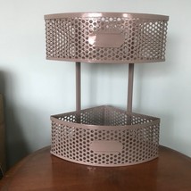 Vintage mcm industrial perforated metal file shelves baskets round corne... - £78.95 GBP