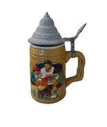 Vintage German Beer Stein Lidded Ceramic Stein Embossed Relief Drinker Scene Pew - $25.20