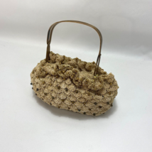 Vintage 40s Crochet Beaded Handbag Purse Metal Handle Beige and Gold Evening Bag - $34.65