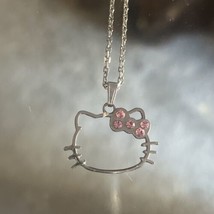 Hello Kitty necklace Pendant Pink Heart Silver tone Crystals Rhinestone 16” - £15.06 GBP