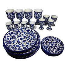 Armenian Ceramic Dish Set Jerusalem Blue Flowers Plates Kiddush Cups 21 Pc - $240.00