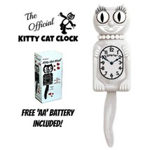 White Miss Kitty Cat Clock (3/4 Size) 12.75&quot; Retro Kit Cat Free Battery Usa Made - £48.70 GBP