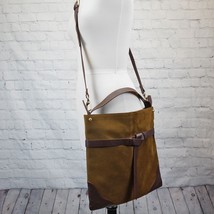 Vera Pelle Sundance Suede Leather Bow Trimmed Crossbody Olive Brown Italy - $42.99