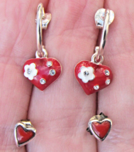 2 Pair Sterling Silver Red Enamel HEART Valentine Pierced Vtg Earrings - $14.84