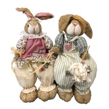 Country Bunny 2 Rabbit Dolls Shelf Sitters Farmhouse Folk Art Cottage Core Vtg - £22.98 GBP